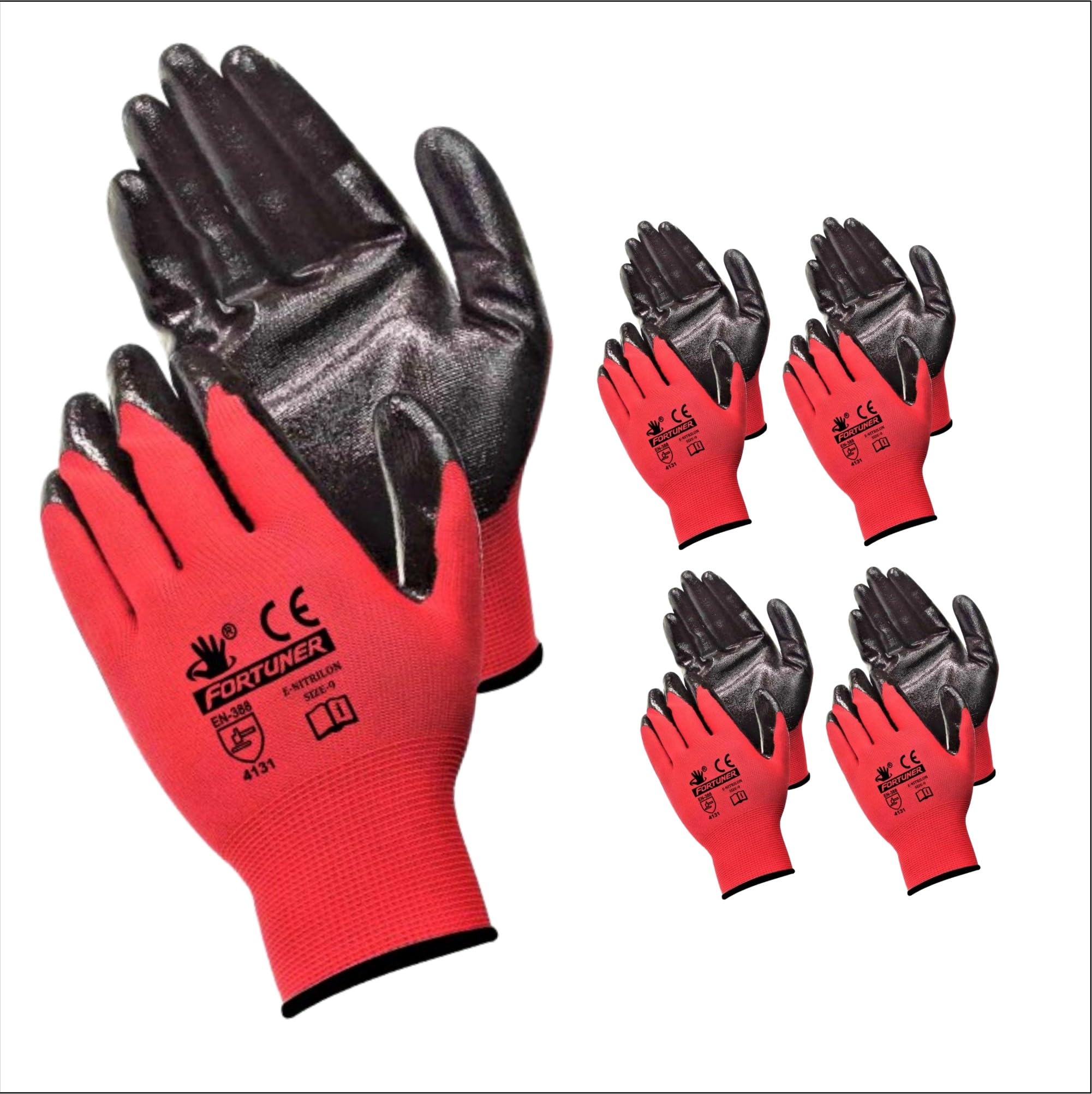 FORTUNER Red & Black Nitrile Coated Safety Hand Gloves – High