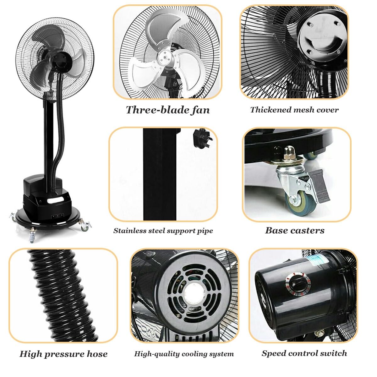 Ventiladores de pedestal, ventilador oscilante de niebla fría con tanque de agua, ventilador de nebulización oscilante para exteriores, ventilador de suelo industrial, ajuste de velocidad del viento
