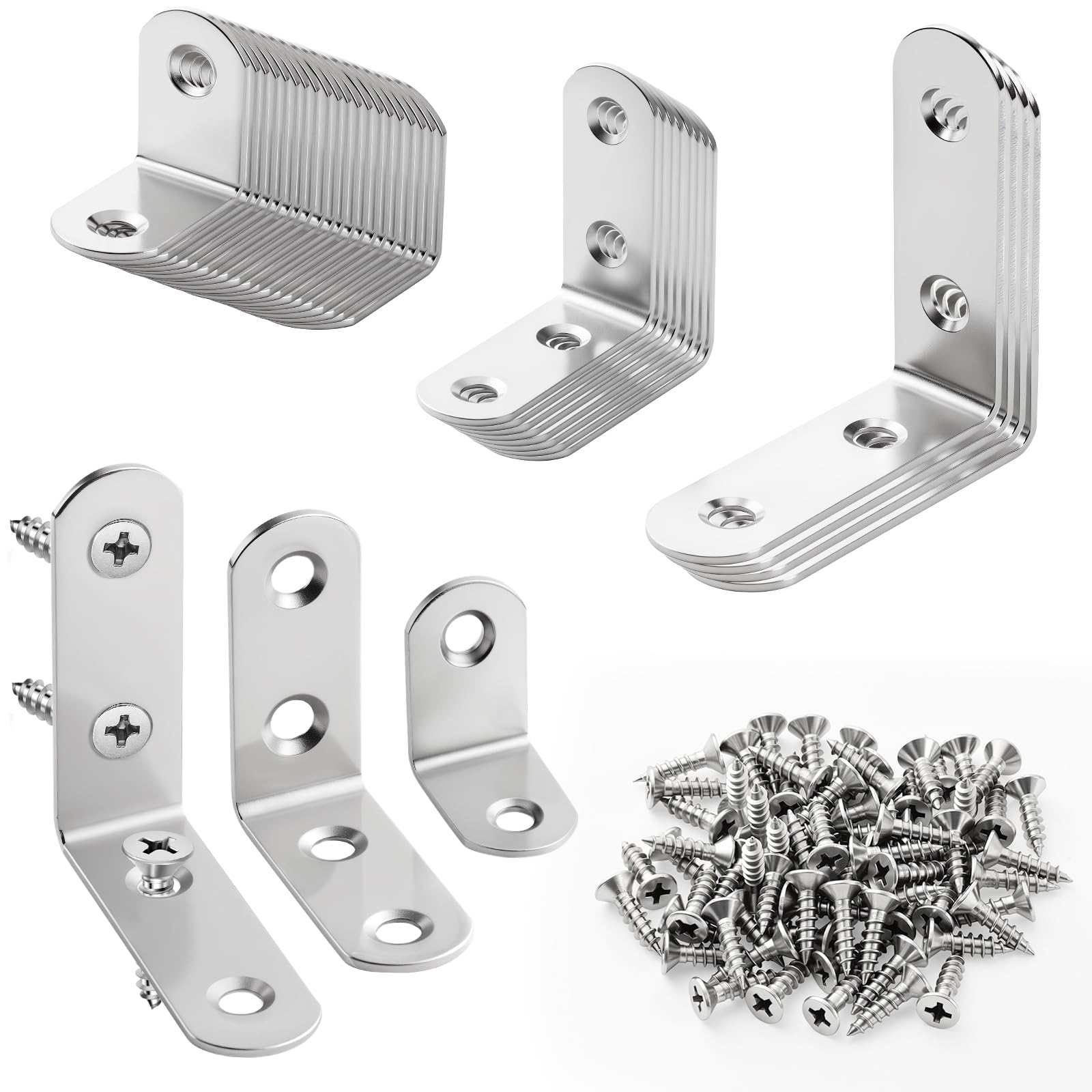 32 Pcs L Brackets - 3 Sizes Angle Bracket Kit (24x24, 40x40, 50x50 mm) - Stainless Steel Corner Brace with Screws for Wood, Frame, Shelf, Cabinet, Furniture Reinforcement & Repair