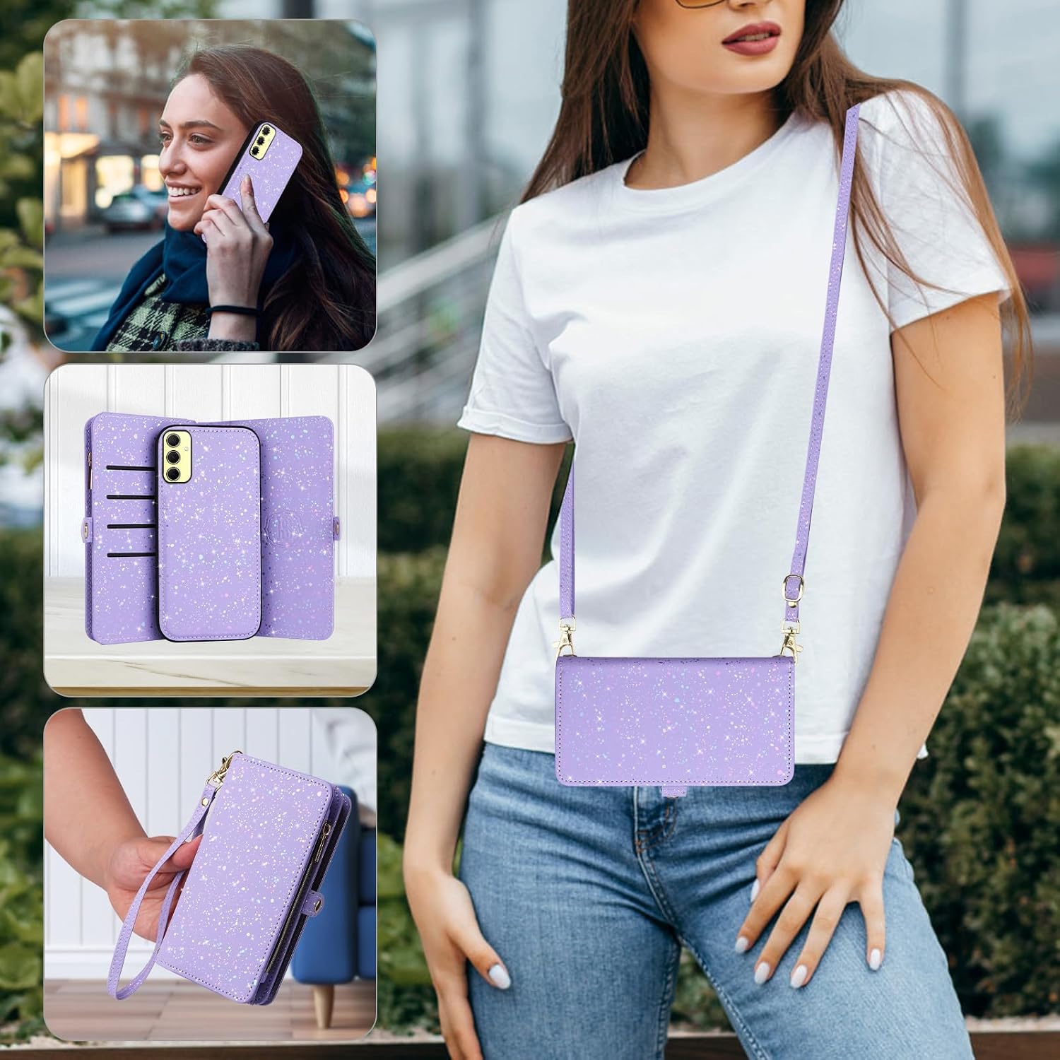 Asuwish Phone Case for Samsung Galaxy A35 5G Zipper Wallet Magnetic Detachable Cover with Tempered Glass Screen Protector and Glitter Card Holder Stand Cell Accessories A 35 35A A355G Women Men Purple