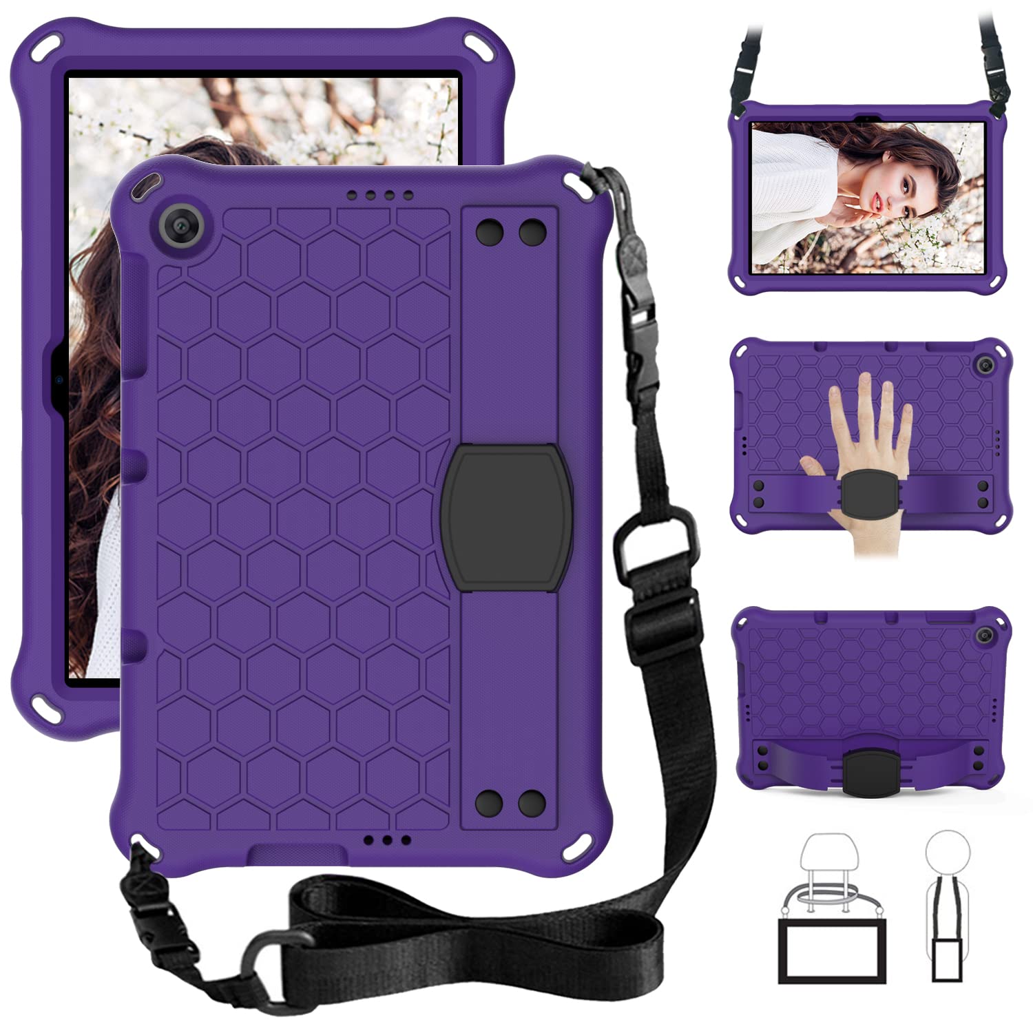 Etui ochronne do Huawei MatePad T10 9,7" / MatePad T10s 10,1" / Enjoy Tablet 2 (2020), wytrzymałe, odporne na wstrząsy silikonowe etui ochronne z uchwytem i paskiem na ramię - fioletowe + czarne