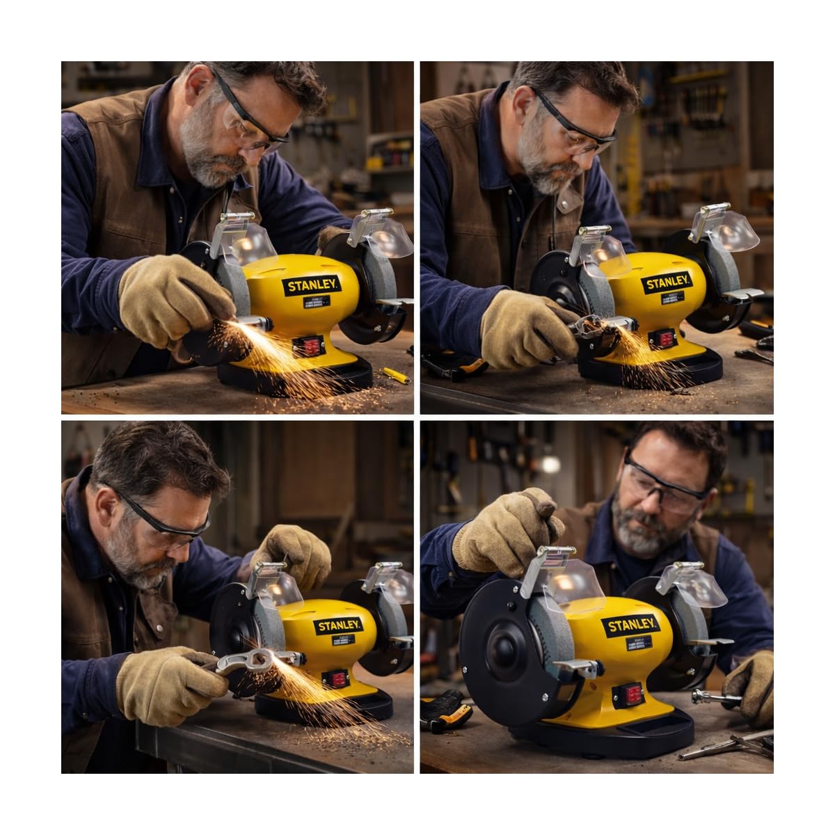 STANLEY - Touret à meuler d'atelier 330W Ø150 mm – Double meule grain 36/60, moteur à induction, affûtage atelier