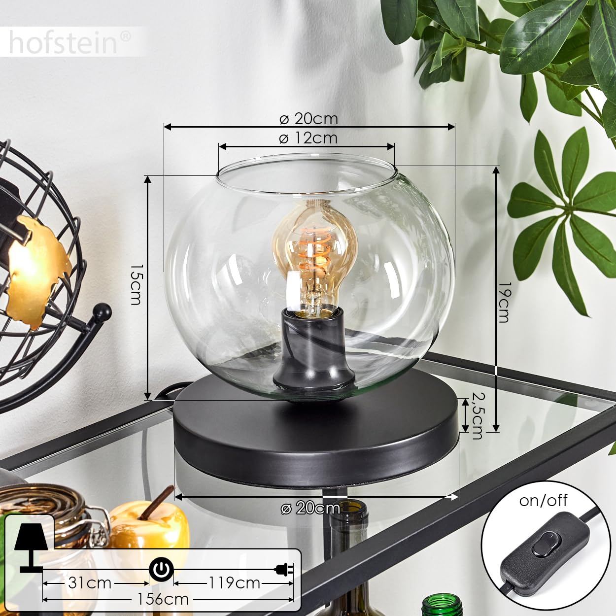 Tischleuchte Apedo, Tischlampe aus Metall/Glas in Schwarz/Klar, Leuchte im modernen Retro/Vintage-Design mit Schirm aus Glas (Ø 20 cm) u. An/-Auschalter am Kabel, 1 x E27, ohne Leuchtmittel