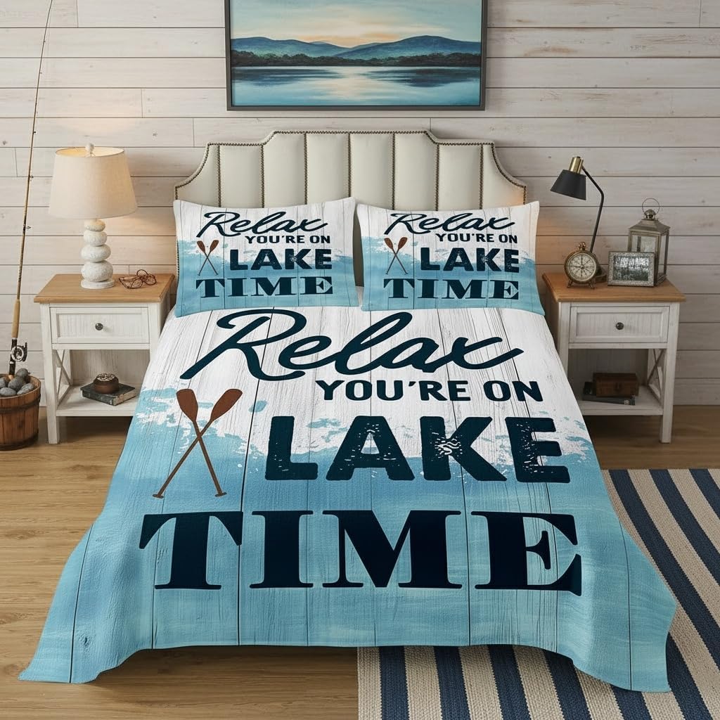 Lake House Bedspread Set Queen Size for Kids,Boys Girls Vintage Rustic Farmhouse Quilt Set Boating Nautical Themed Coverlet Lake Paddles Bedspread 3 Pcs Decorative Bedding Quilted with 2 Pillow Shams