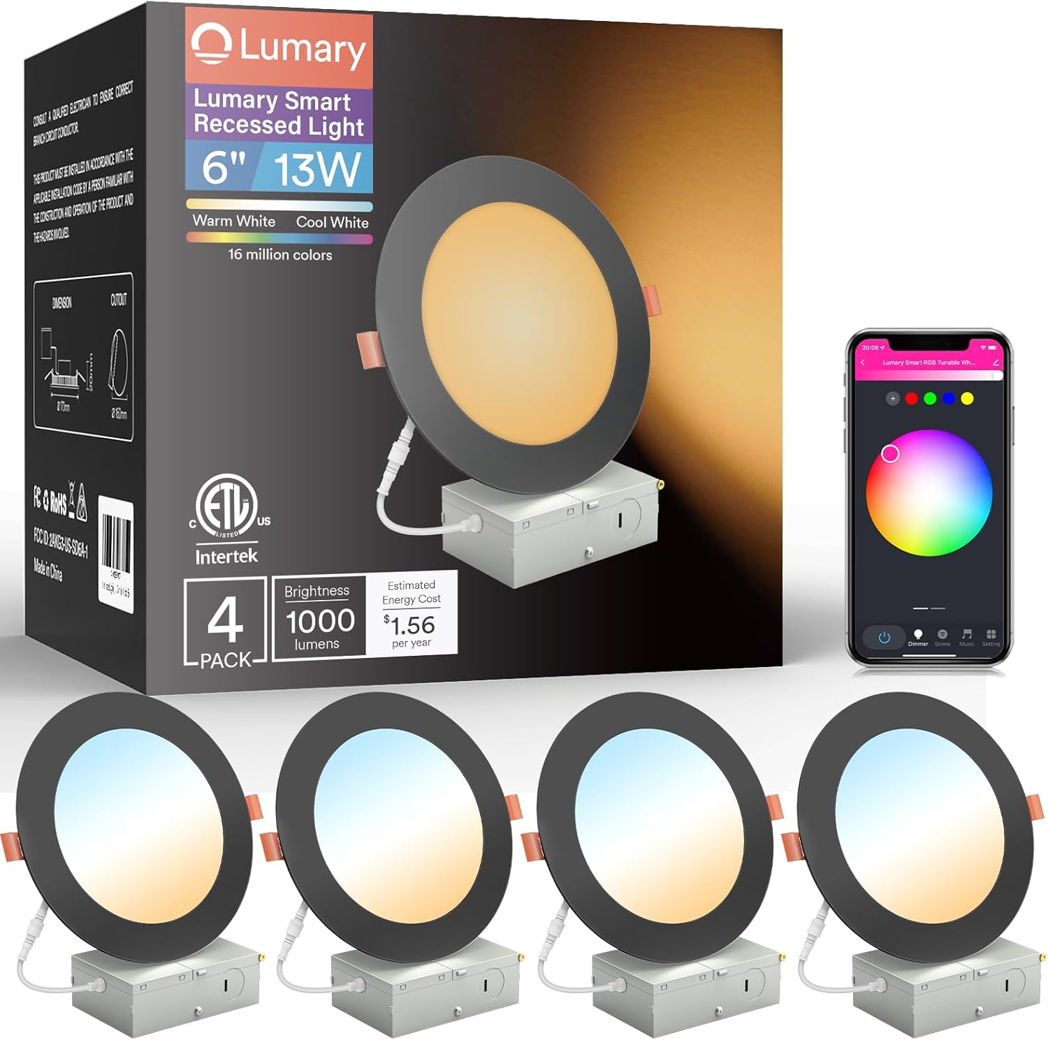 Lumary Black Smart Recessed Lighting 6 Inch 4-Pack