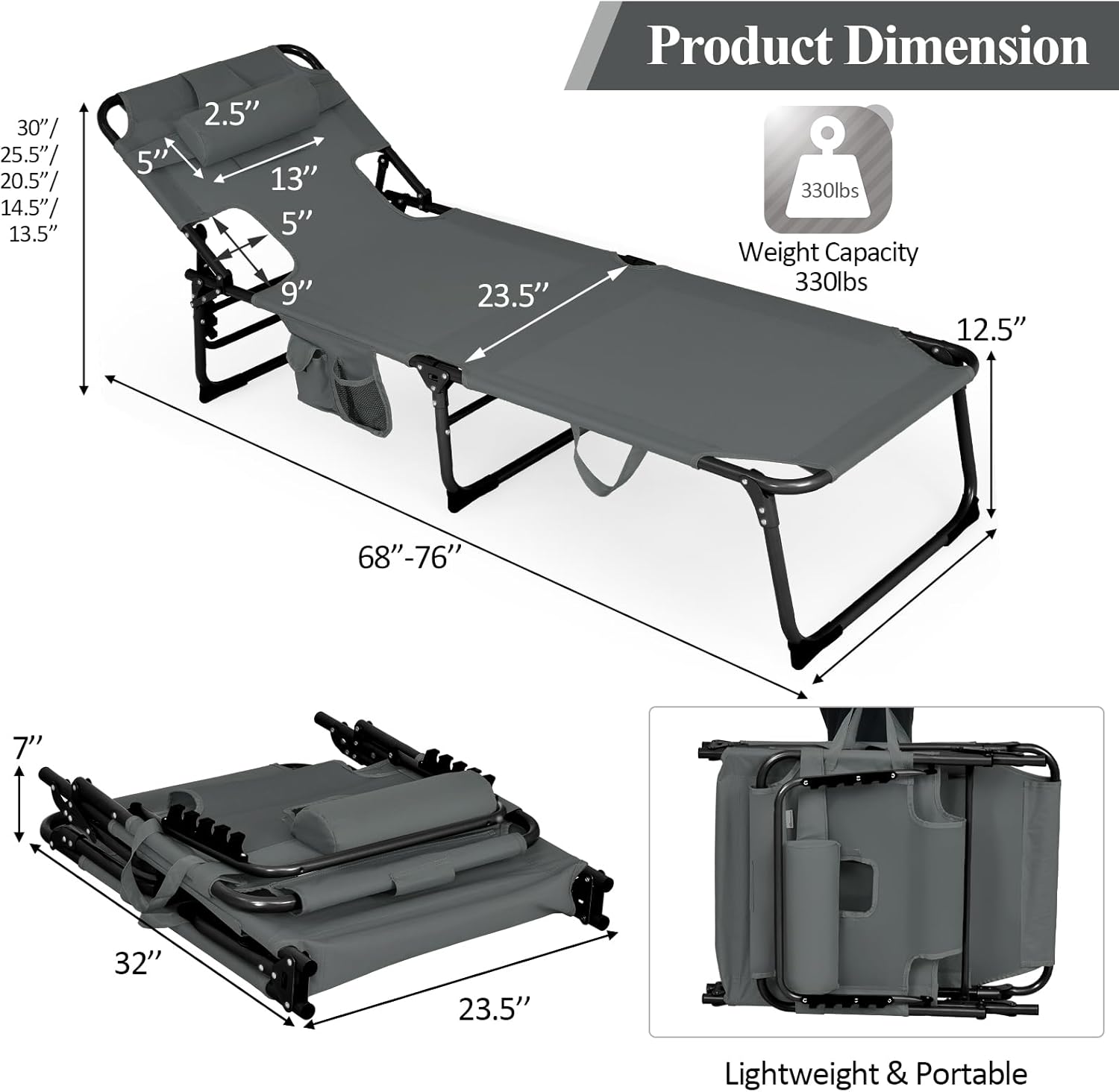 Giantex Tanning Chair, Beach Chair with Face Arm Hole, Detachable Pillow, Adjustable Backrest, Side Pocket, Carry Handle, Outdoor Folding Chaise Lounge for Sunbathing (1, Gray)