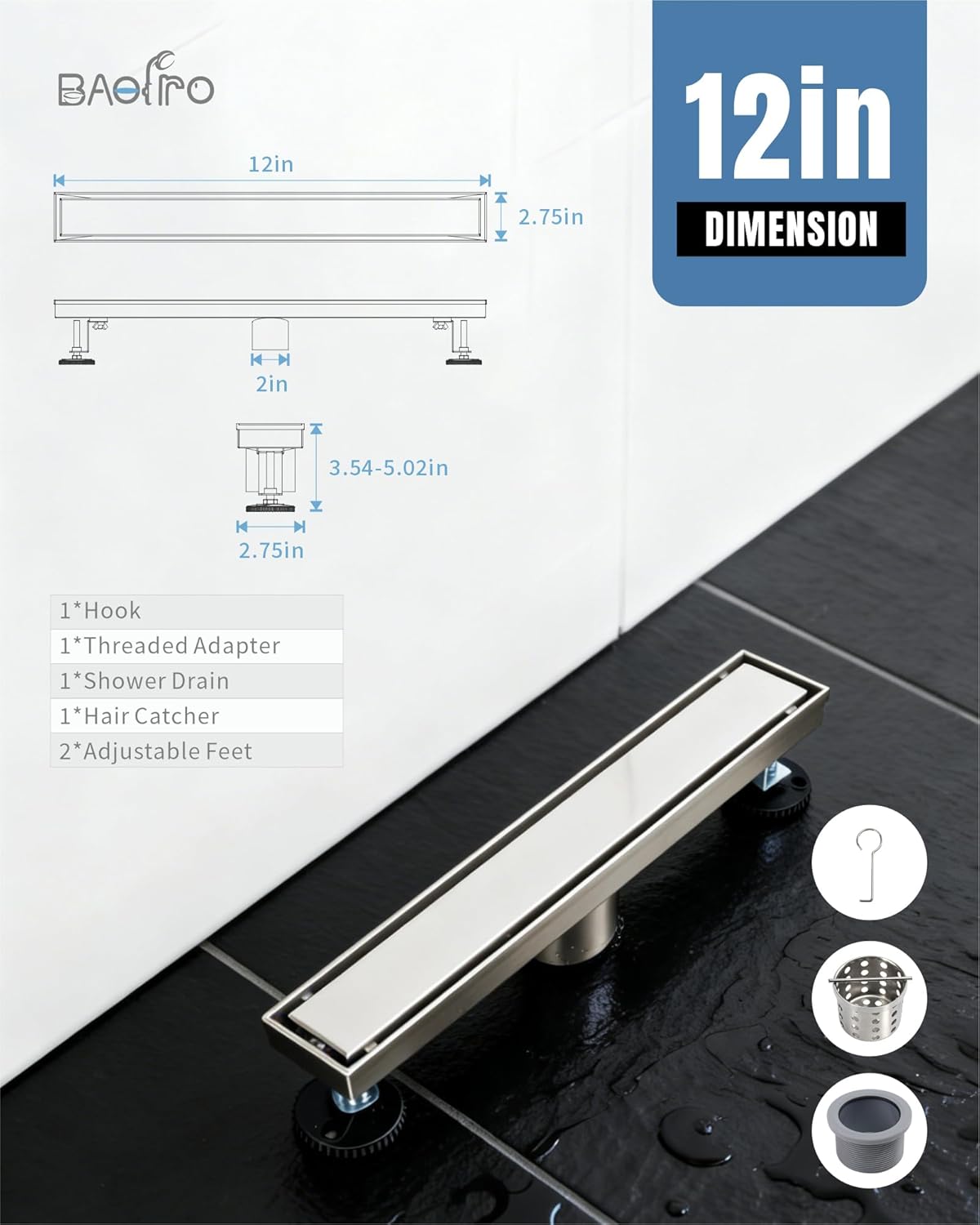 12 Inch Brushed Stainless Steel Linear Shower Drain, CUPC Certified 2-in-1 Tile Insert Cover, 304 Stainless Steel Trench Drain for Curbless Showers, Includes Hair Catcher & Adjustable Feet