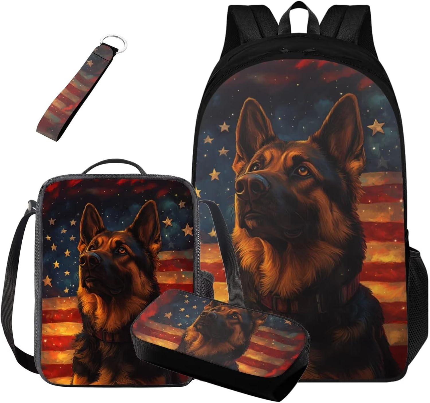 GIFTPUZZ American Flag Dog School Backpack for Boys 8-12 Cool Bookbag with Lunch Bag Lightweight 4-Piece Set Boys Daypack for Travel Outdoor Hiking