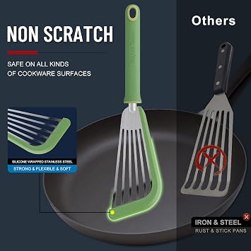 Silicone Fish Spatula for Nonstick Cookware,Thin Slotted Turner,Green