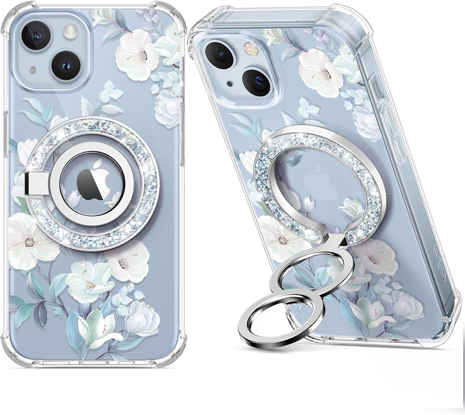 GVIEWIN Bundle - Compatible with iPhone 14 Case (Hibicus) + Magnetic Phone Ring Holder (Glitter/Silver)