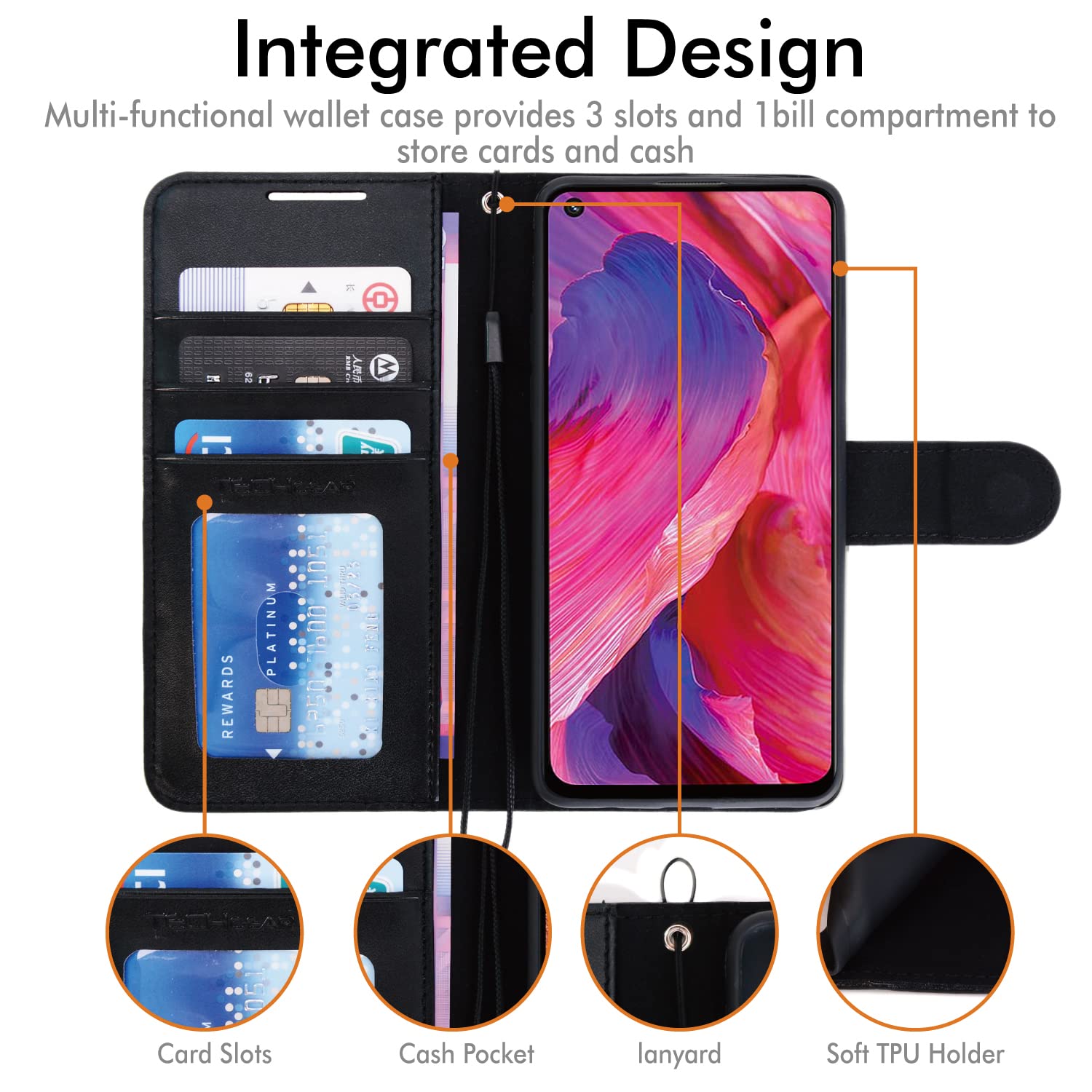LINER Cover Portafoglio In Pelle PU Per Oppo A54 5G E A74 5G – Custodia Flip Con Slot Carte, Supporto E Chiusura Magnetica, Antiurto, Colore Nero