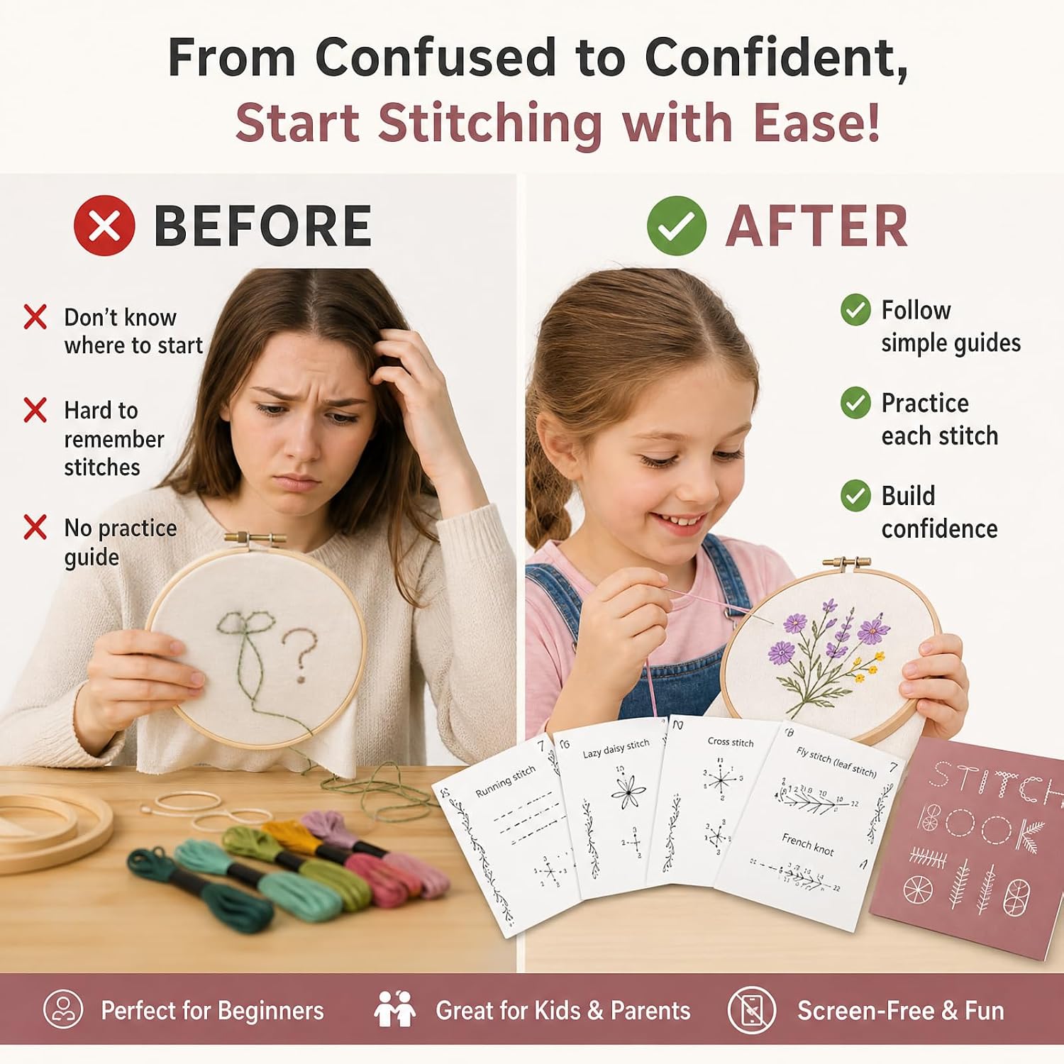Creative Mini Sewing Book 2 PCS- Sewing Book for Beginners, Paper Embroidery Cards Kit,Stitch Learning Craft Kit for Adults