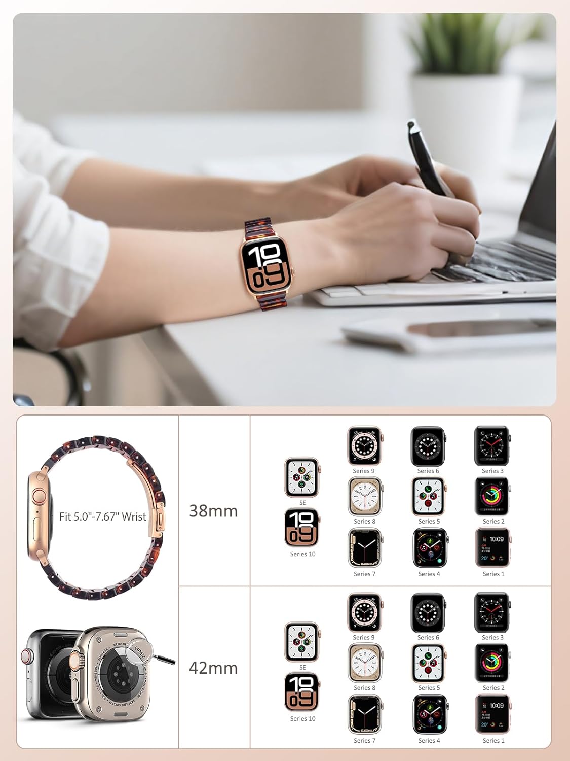 V.R.HOPE Apple Watch Band for Series 11/10/9/8/7 38mm 40mm 41mm 42mm Fashion Lightweight Resin Dressy Strap for Women Bracelet Compatible with iWatch Series 6/5/4/3/2/1/SE (Tortoiseshell)