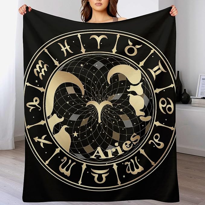 Gold Zodiac Sign Aries Throw Blanket, Lightweight Fleece Throws for Men Women,Warm Soft Flannel Fuzzy Blanket for Bed Sofa Couch 40