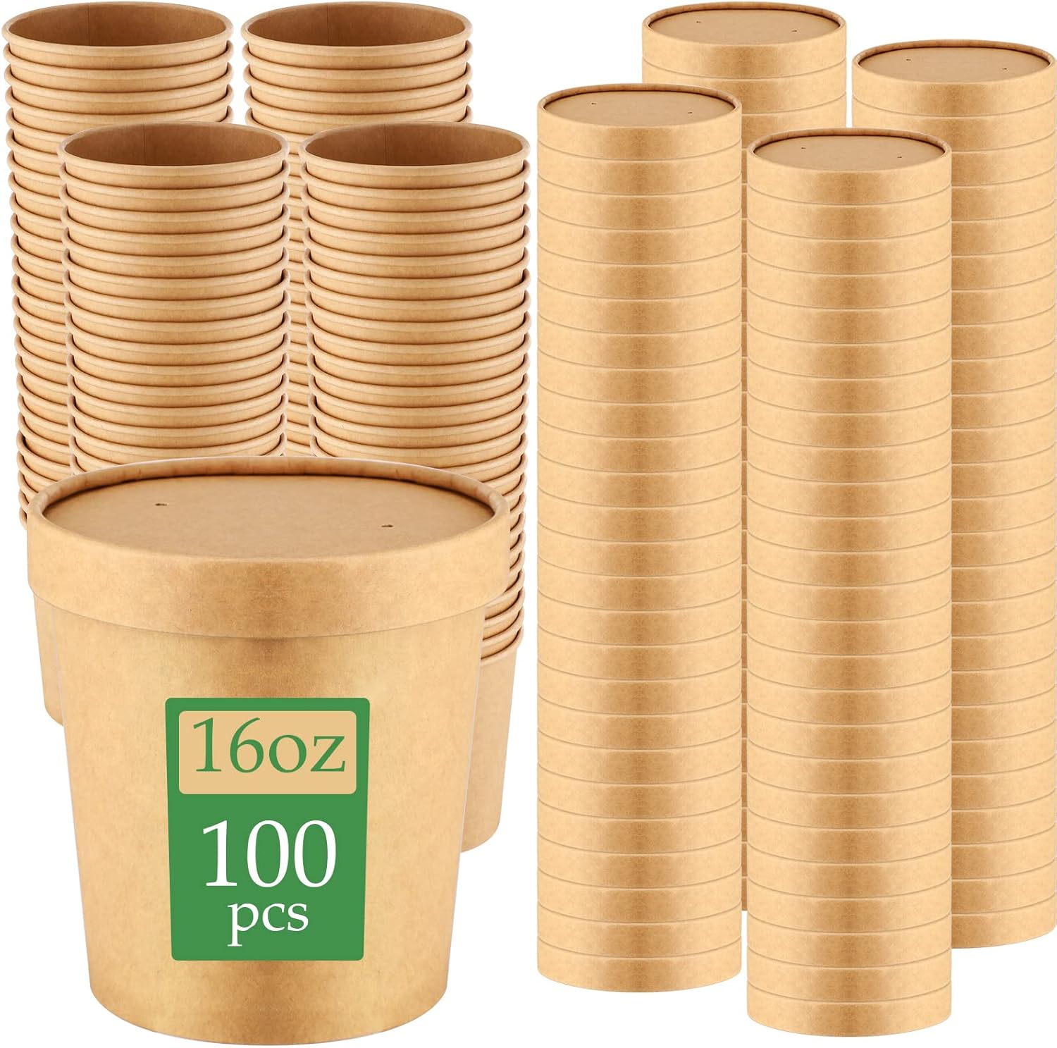 meekoo 100 Pcs Ice Cream Paper Soup Containers with Lids 16oz, Disposable Kraft Paper Food Cups, Paper Food Storage with Lids, Microwavable and Freezer Safe for Valentines Wedding Graduation