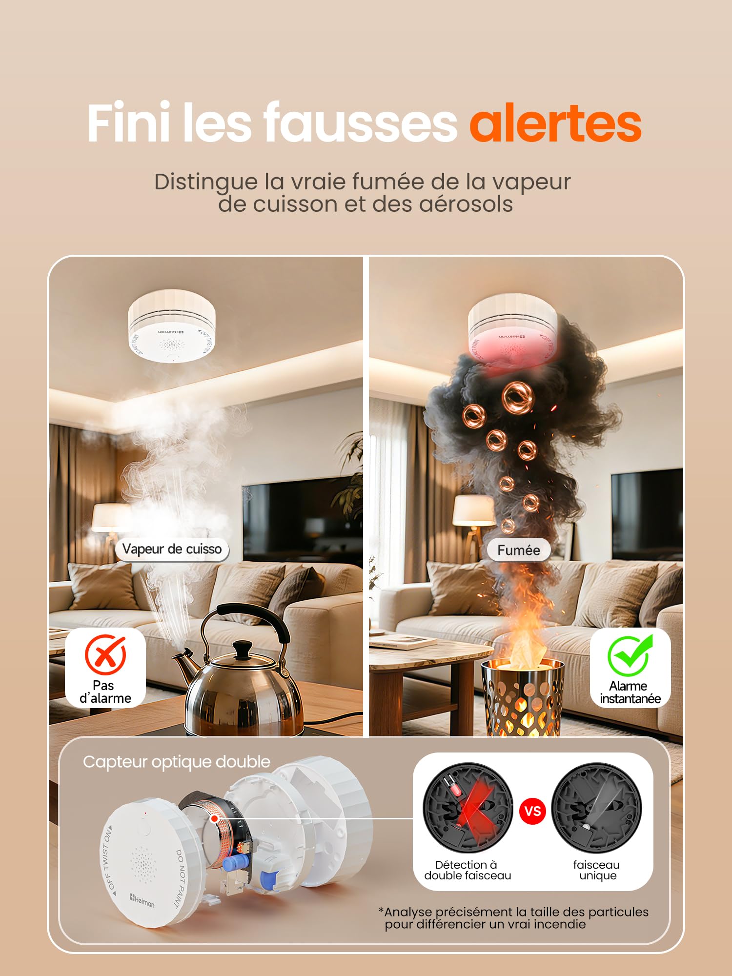 Heiman Detecteur de Fumée Matter avec Capteur de Température et d'Humidité | Pile Remplaçable 5 Ans, Fixation Magnétique, Compatible avec Apple Home/SmartThings/Home Assistant/Homey, S1-TM