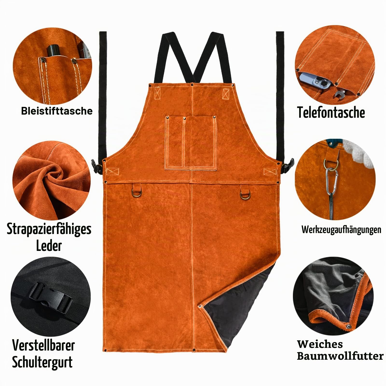 LeaSeek Schweißerschürze aus Leder– hitzebeständig und schwer entflammbare Latzschürze, schwer entflammbar, strapazierfähige Grillschürze, verstellbare Einheitsgröße