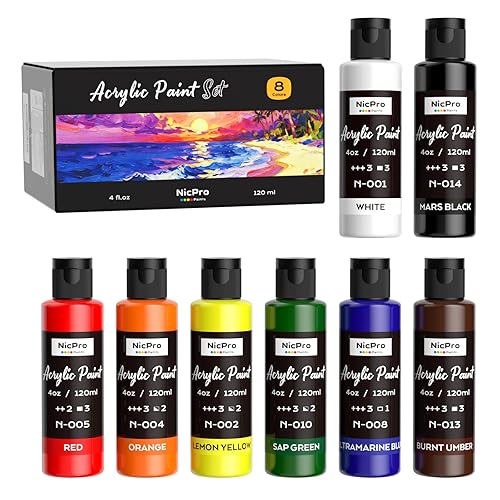 Nicpro 8 Primary Colors Acrylic Paint Set(4 oz, 120 ml),