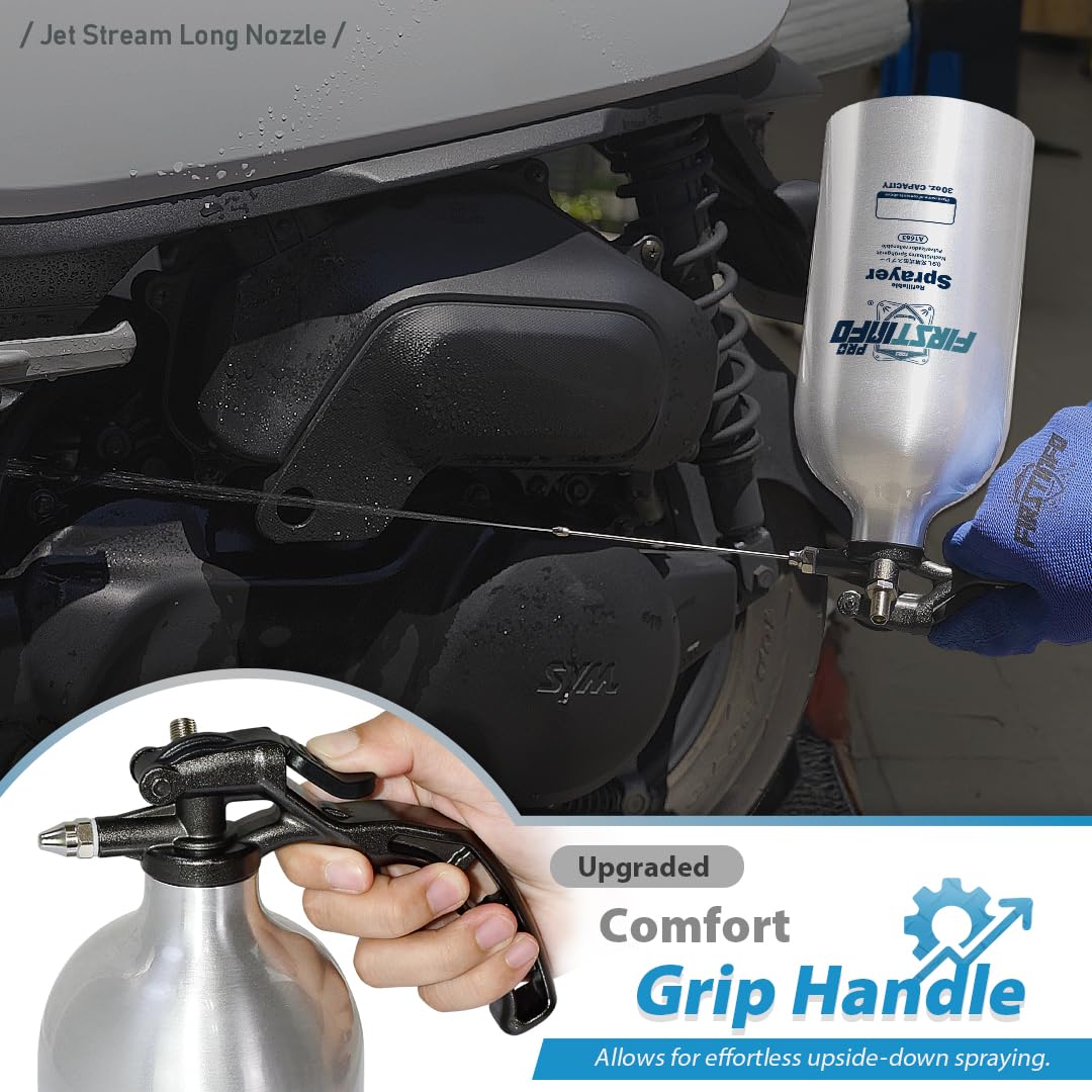 FIRSTINFO Pulverizador Recargable para Limpiador de Frenos 900 ml, Botella de Aluminio Sin Aerosol para Disolventes y Desengrasantes, Pulverizador Presurizado con Boquilla Niebla y Chorro Largo, A1663
