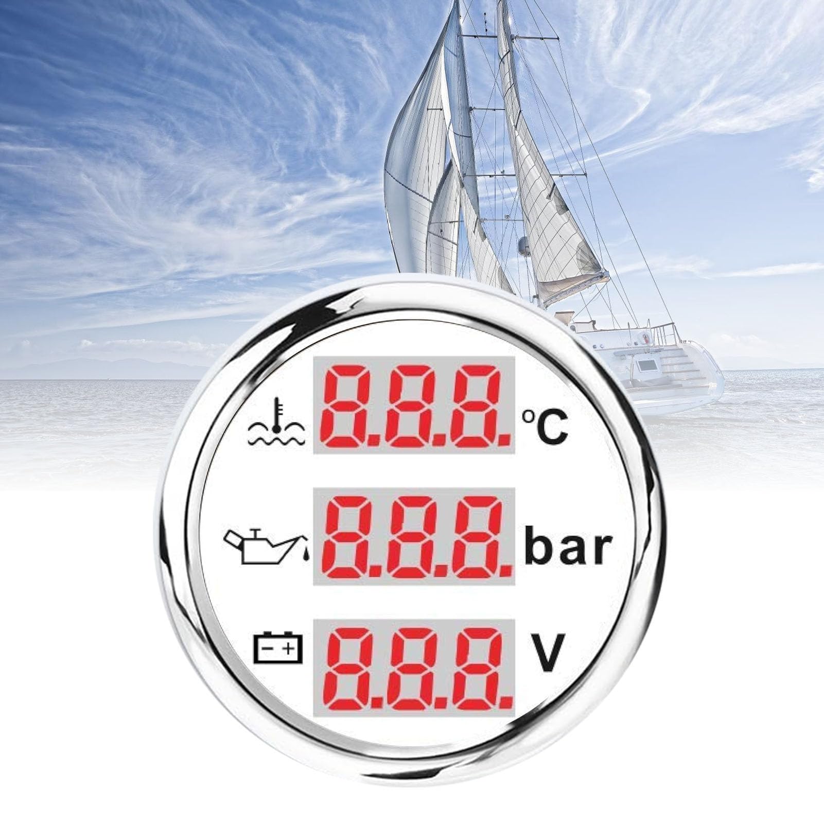 52 Mm 3 en 1 Voiture de Calibre Marine, Jauge Température L'eau de Liquide Refroidissement Moteur ° F + Gauge de Pression D'huile PSI + Voltmètre, Kit Capteur (Couverture argentée en cadran