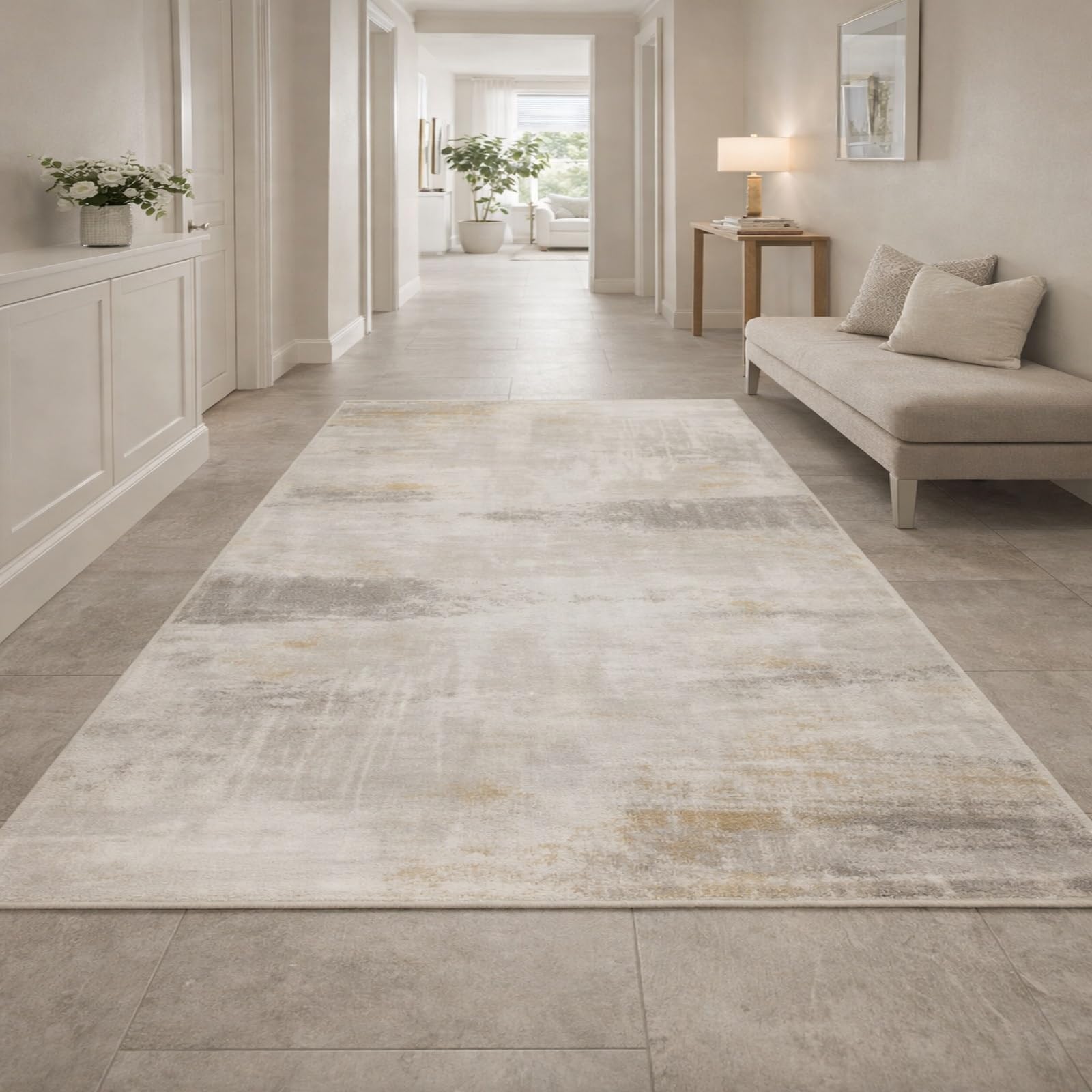 Grand tapis de salon 200x300 cm abstrait moderne gris blanc jaune
