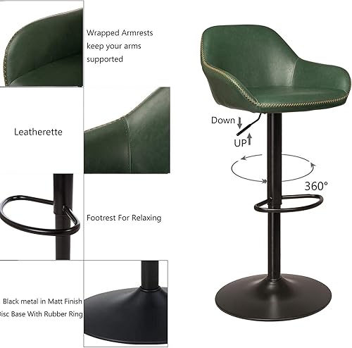 Miniatura 48 de Glitzhome Mid Century - Juego de 2 taburetes de bar ajustables de cuero giratorio vintage con respaldo y reposapiés, taburetes de bar modernos de