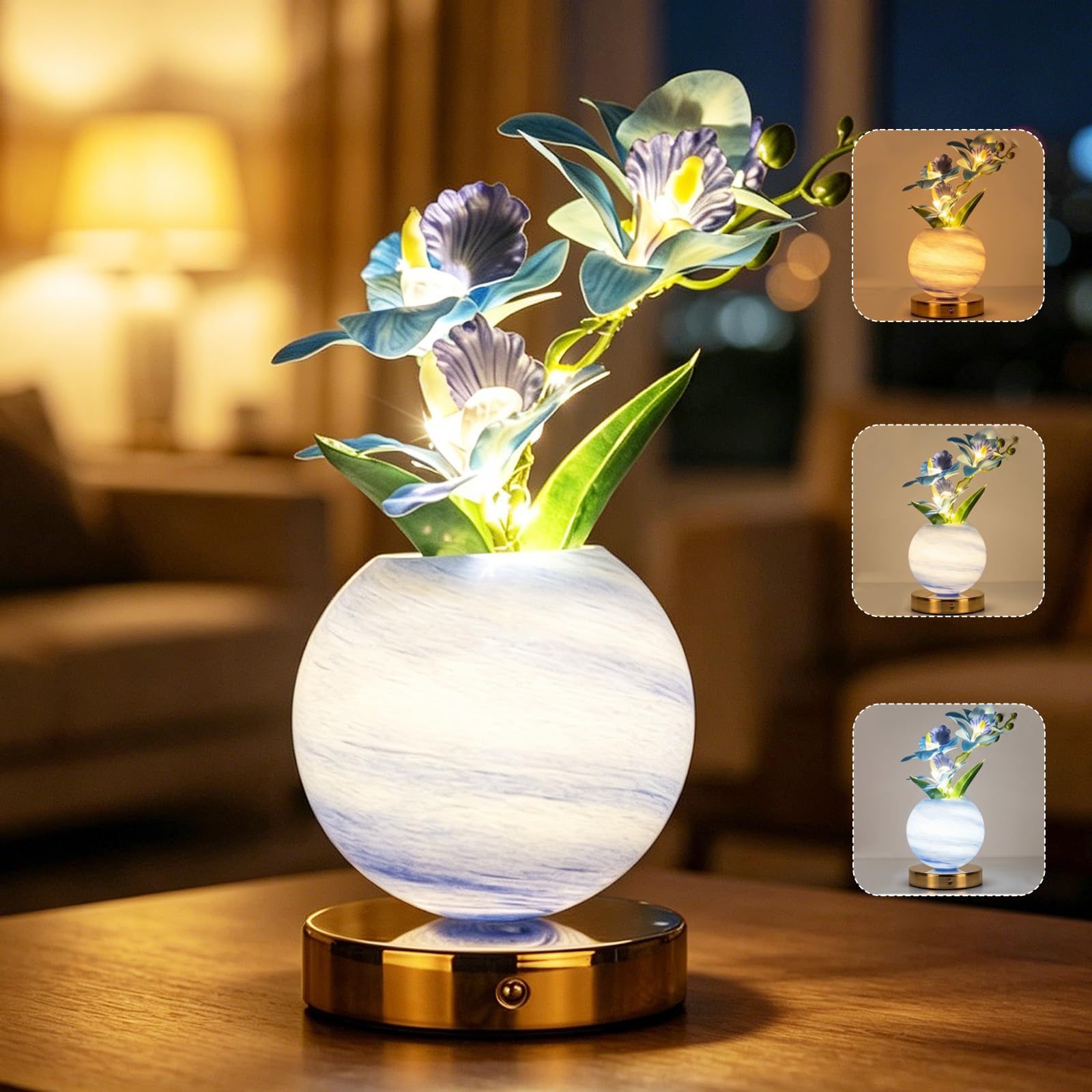 AVEKI Tulip Table Lamp,3 Color Dimmable Touch Crystal Vase Bedside Light,Rechargeable Cordless Artificial Tulips Flowers Desk Lamp Decor for Date Party Home,Romantic Gift for Woman Mom (Blue-Orchid)