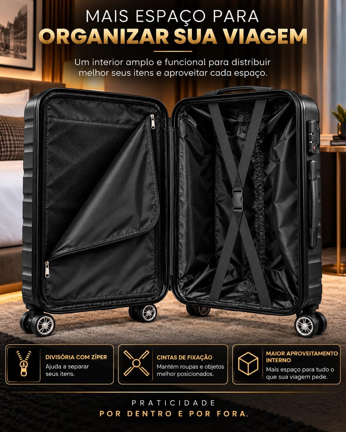 Mala de Viagem 24" 25x58 cm Grande para Despacho até 23kg, Rígida e Espaçosa, Rodas Duplas 360° Removíveis, Cadeado com Senha, Preta Mala de Viagem 24" 25x58 cm Grande para Despacho até 23kg, Rígida e Espaçosa, Rodas Duplas 360° Removíveis, Cadeado com Senha, Preta