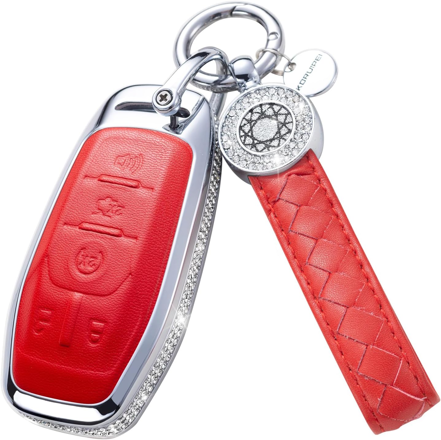 for Ford Key Fob Cover with Keychain, Leather Crystal Key Case Protector Compatible with Ford Fusion F150 F250 F350 F450 F550 Edge Explorer Smart Remote Key, Red