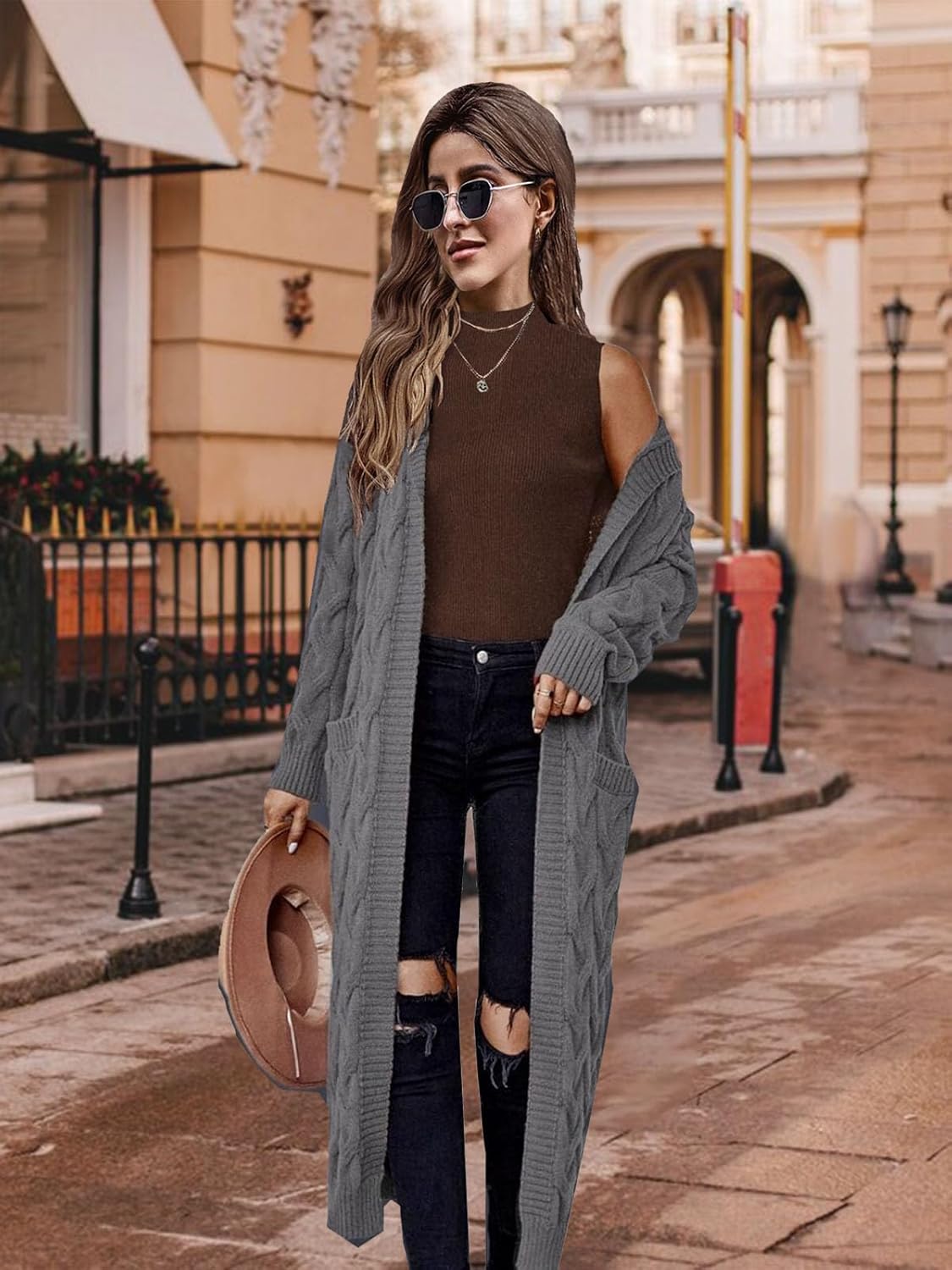 Women's Hooded Open Front Long Cardigan Cable Knit Sweaters Side Pocket Oversized Chunky Cardigan Outwear Coat - Image 4