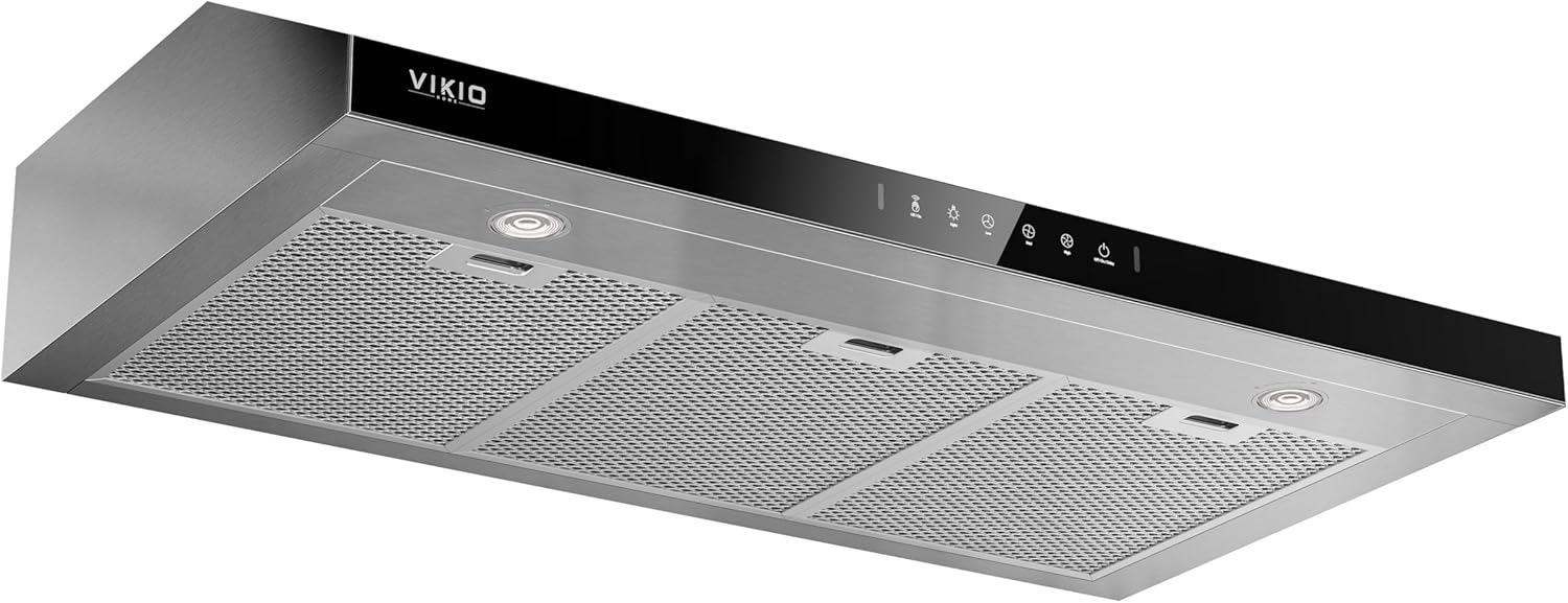 VIKIO HOME Under Cabinet Range Hood 36 Inch, 900 CFM Dual Centrifugal Motor, 3-Speed Ducted Kitchen Vent, Reusable Filters, Stainless Steel Kitchen Hood with LED Lights, Low Noise, Glass Black