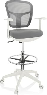 hjh OFFICE 760009 Arbeitsstuhl TOP Work 108 W Netzstoff, ergonomischer Counterstuhl mit Ring-Fußstütze, Grau/Weiß