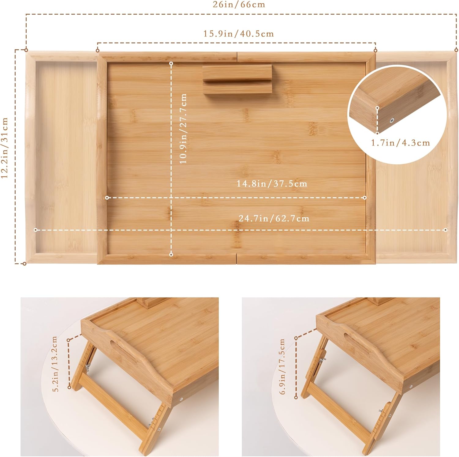 Lavievert Expandable & Height Adjustable Bed Tray Table with 360° Rotating Phone Holder, Bamboo Breakfast Food Serving Tray, Portable Laptop Desk Snack Platter with Handles & Foldable Legs for Bedroom