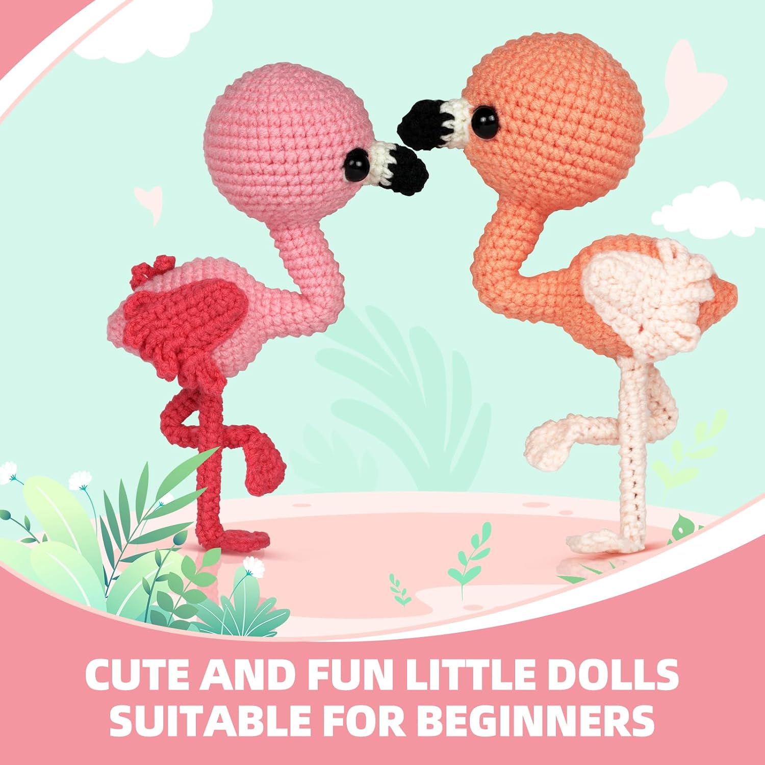 Two finished crochet flamingo dolls, one pink and one orange