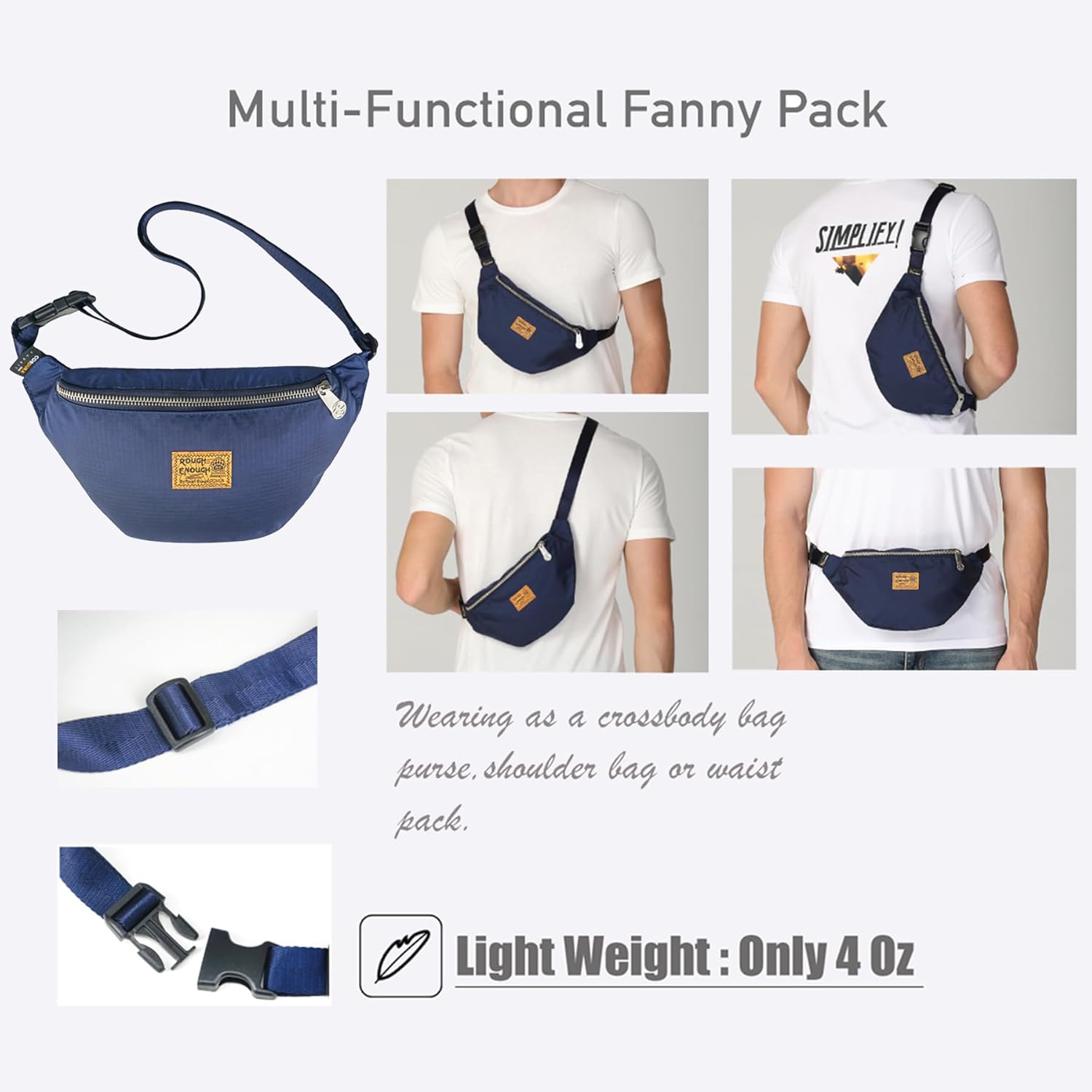Rough Enough Small Fanny Pack Adjustable Belt Bag for Hiking Everyday Carry Lightweight Crossbody Sling Bag for Women Men