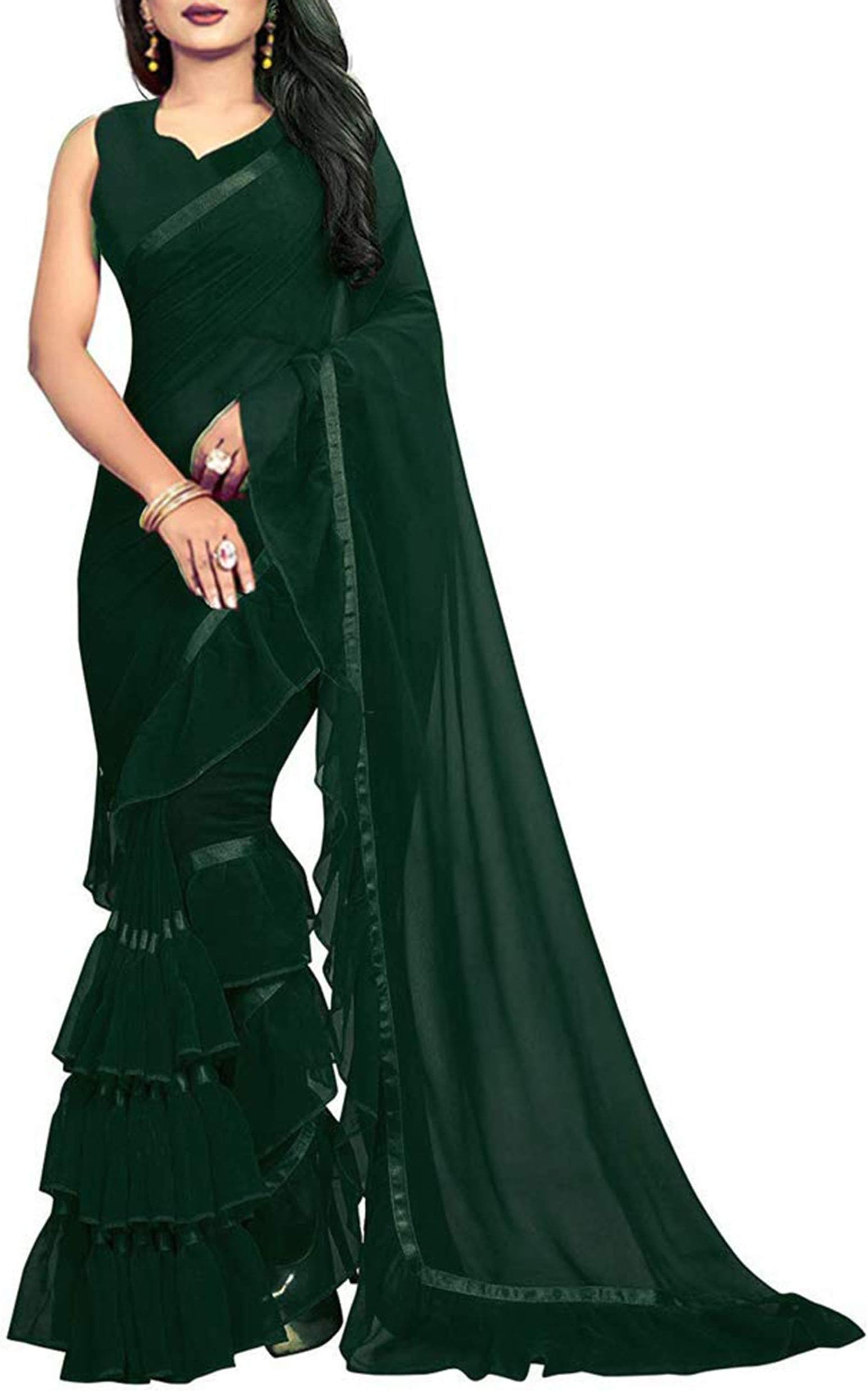 Saree Ruffle Georgette Ethnic Indian Women Party Wear Frill Designer Border Sari