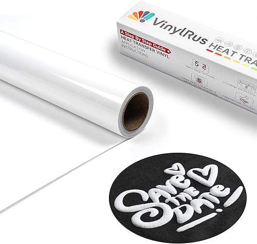VinylRus Vinilo de transferencia de calor 3D blanco de 12 pulgadas x 6 pies, vinilo para planchar para camisetas, rollo de vinilo HTV para