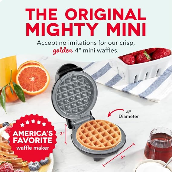 Dash Mini Waffle Maker with Ceramic Nonstick Cooking Surface, 4 Inch Small Waffle Iron, Single Serve, Easy to Clean, Compact Breakfast Maker for Kids & Families, Black