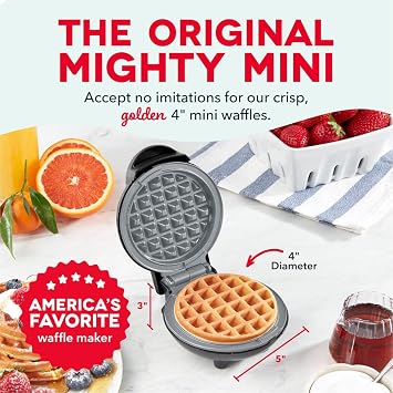 Dash Mini Waffle Maker with Ceramic Nonstick Cooking Surface, 4 Inch Small Waffle Iron, Single Serve, Easy to Clean, Compact Breakfast Maker for Kids & Families, Black