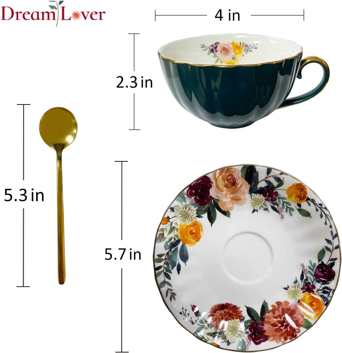 A-SZCXTOP Porcelain Tea Cup,Espresso Coffee Mugs Set of 2(8 oz) with Saucers and Spoons Gift Box,European Royal Couple Coffee Cup Set,China Porcelain Tea Set