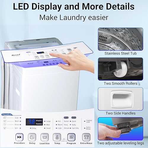 Miniatura 4 de Smad Lavadora portátil de 1.7 pies cúbicos, lavadora de carga superior de 12 libras con 6 programas, pantalla LED y ruedas, lavadora Comepact para