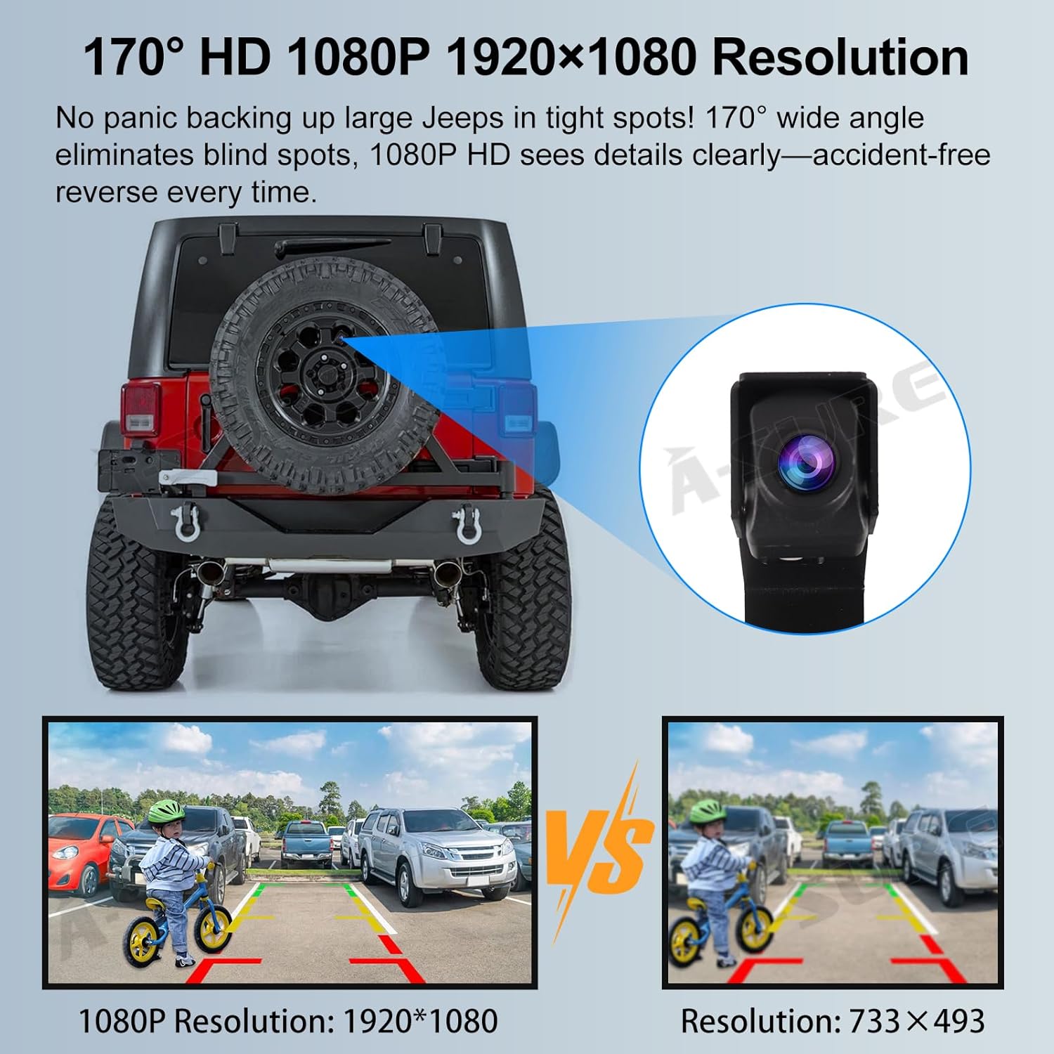 ASURE Adjustable Spare Tire Backup Camera for Jeep Wrangler JK 2007-2017,1080P HD Starlight Rear View Camera, PAL NTSC AHD CVBS Switch, 170° Wide Angle with 26FT Cable, IP68 Waterproof