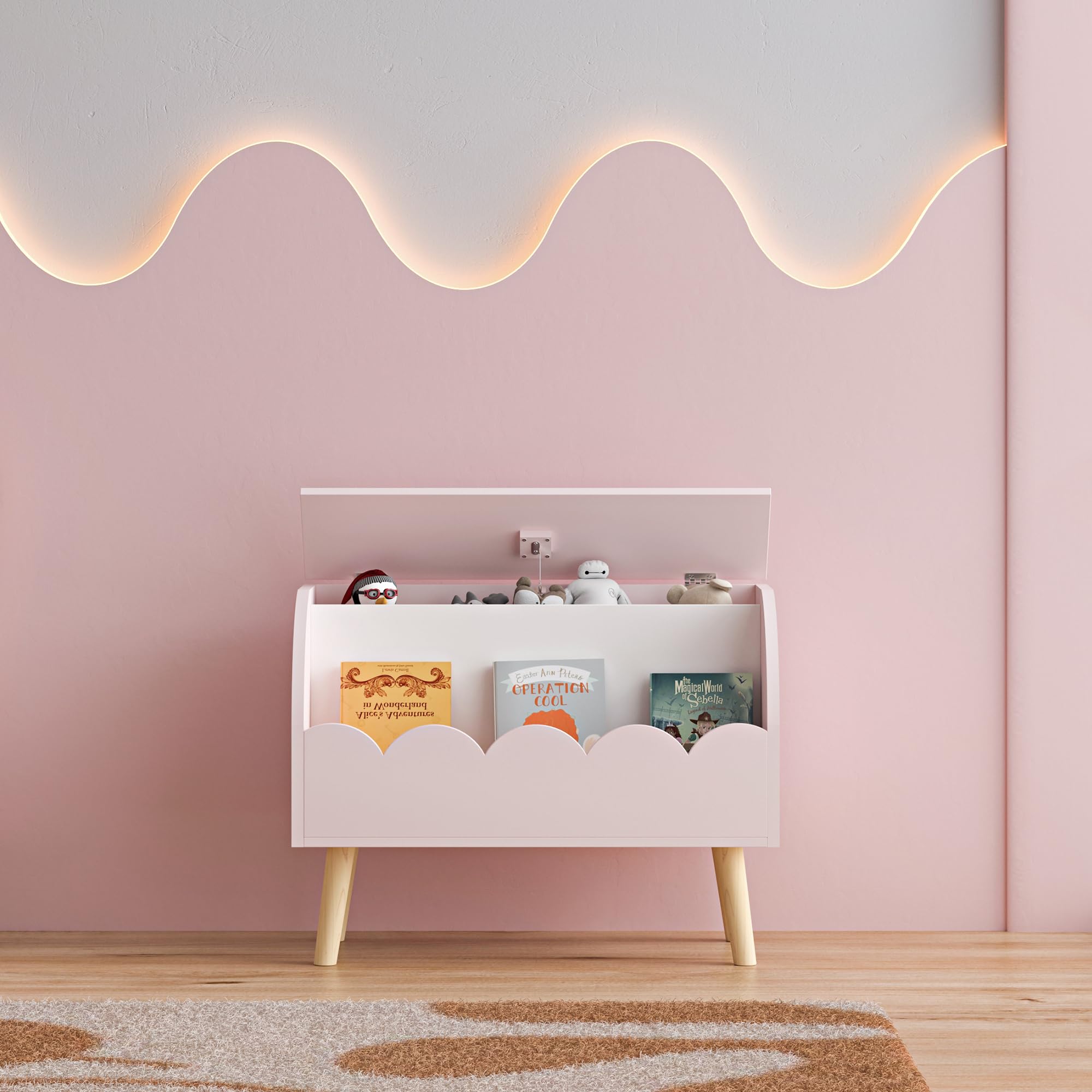 [en.casa] Spielzeugkiste mit Deckel Vestnes Kuscheltier Aufbewahrung Kinderzimmer Wellendesign Truhe Spielzeugbox 60 x 30 x 44 cm Cotton Candy/Weiß