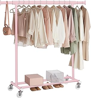 SONGMICS Clothes Rack on Wheels, Heavy Duty Clothes Rail, 45 x (92-132) x 161.5 cm, with Extendable Hanging Rail, 100 kg Load Capacity, Easy Assembly, Portable, Jelly Pink HSR013R01