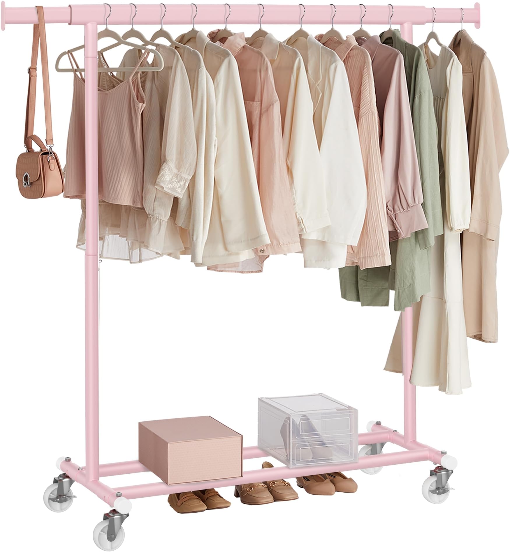 SONGMICS Clothes Rack on Wheels, Heavy Duty Clothes Rail, 45 x (92-132) x 161.5 cm, with Extendable Hanging Rail, 100 kg Load Capacity, Easy Assembly, Portable, Jelly Pink HSR013R01