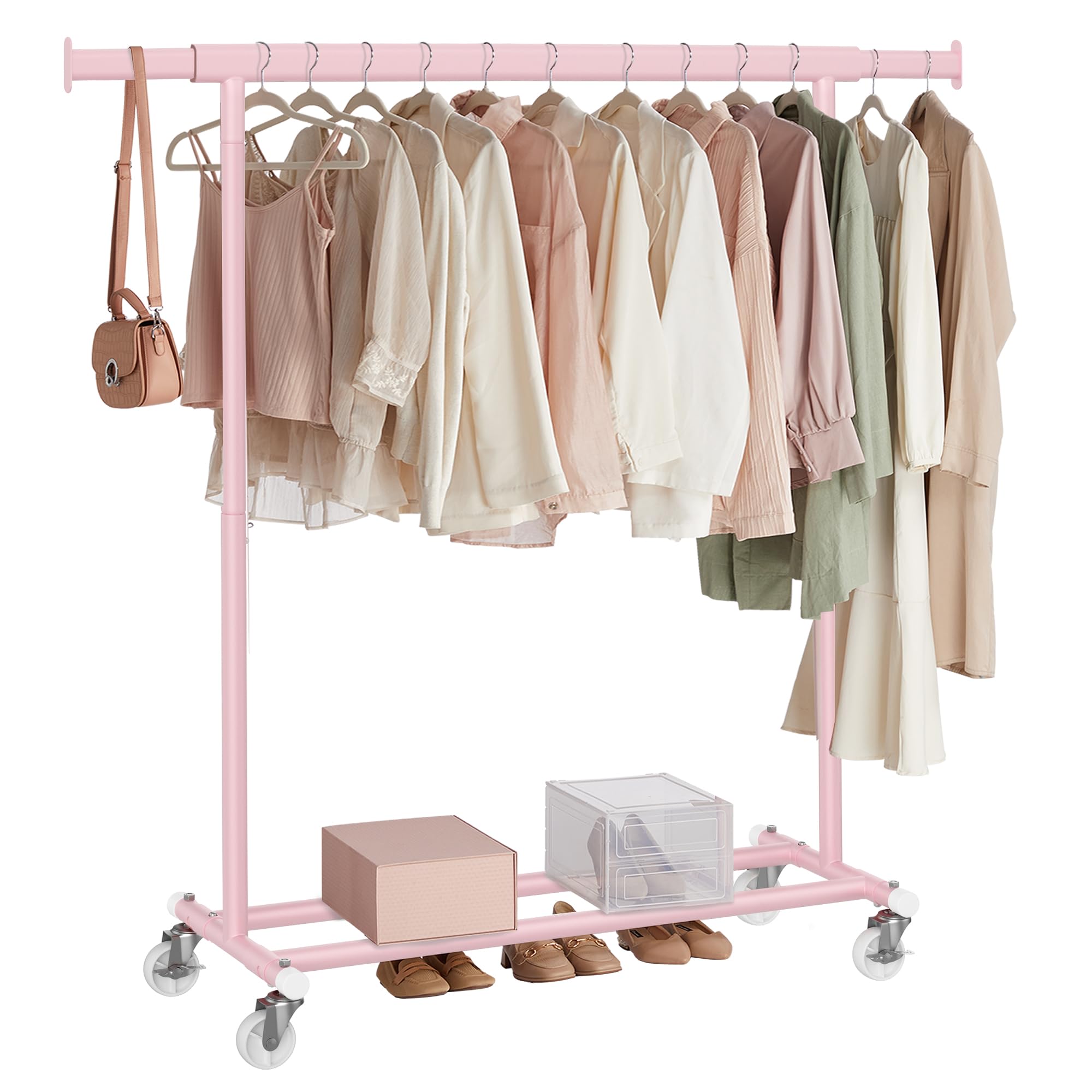 SONGMICS Clothes Rack on Wheels, Heavy Duty Clothes Rail, 45 x (92-132) x 161.5 cm, with Extendable Hanging Rail, 100 kg Load Capacity, Easy Assembly, Portable, Jelly Pink HSR013R01