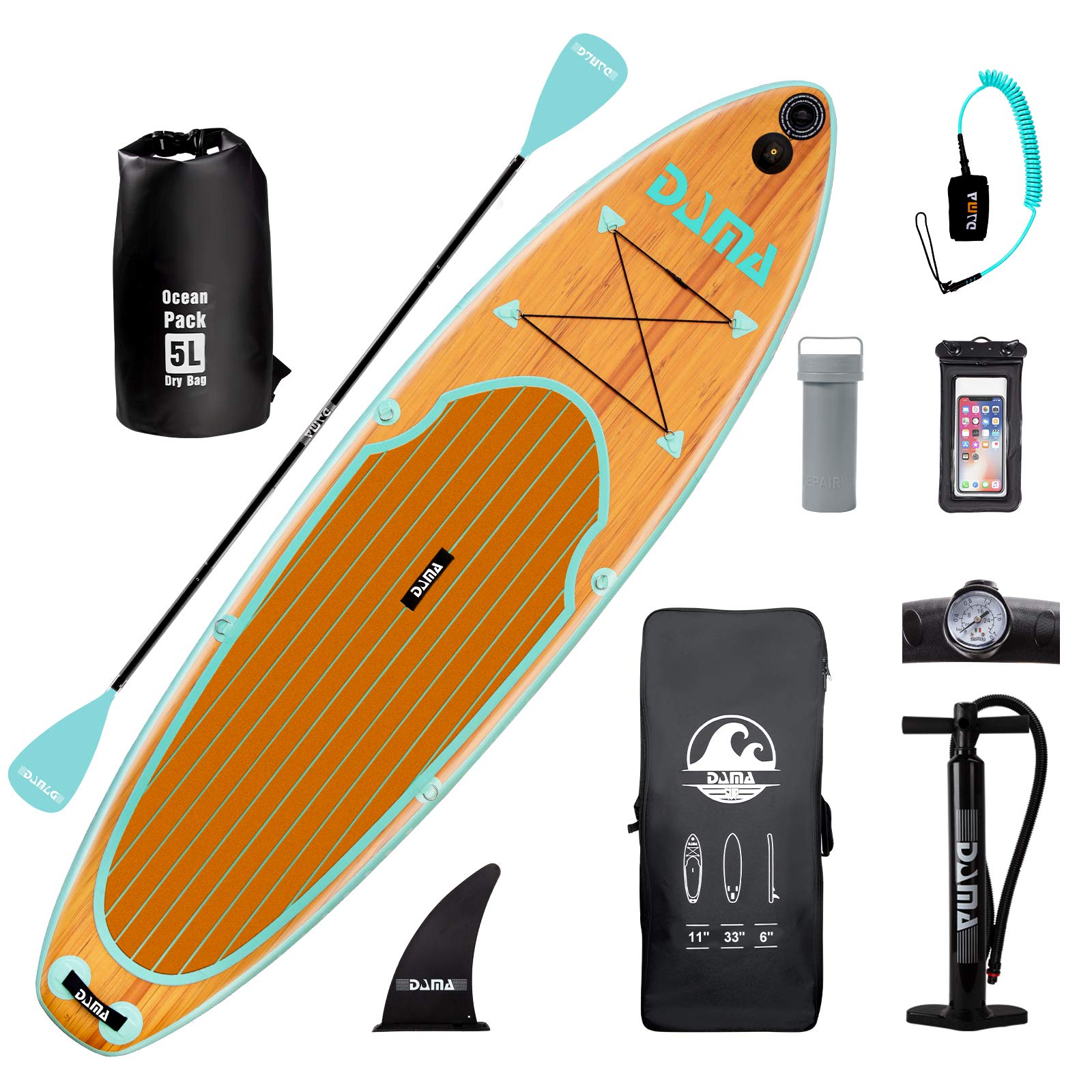 DAMA 11'×33"×6" Inflatable Stand Up Paddle Board with Premium Non-Slip Deck,Travel Backpack, Adjustable Paddle, Pump, Camera Mount, Leash for Adult Ultra-Light Surfing ISUP