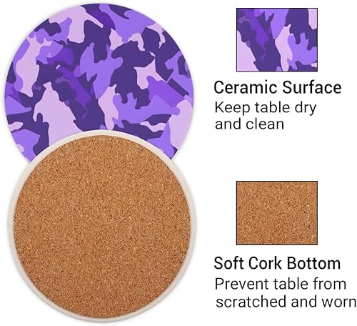 Miniatura 3 de 2PCS Coasters for Drinks,Fashion Purple Camo Absorbent Cork Coasters Set Camouflage Texture Reusable Coasters for Home Office Coffee Bar