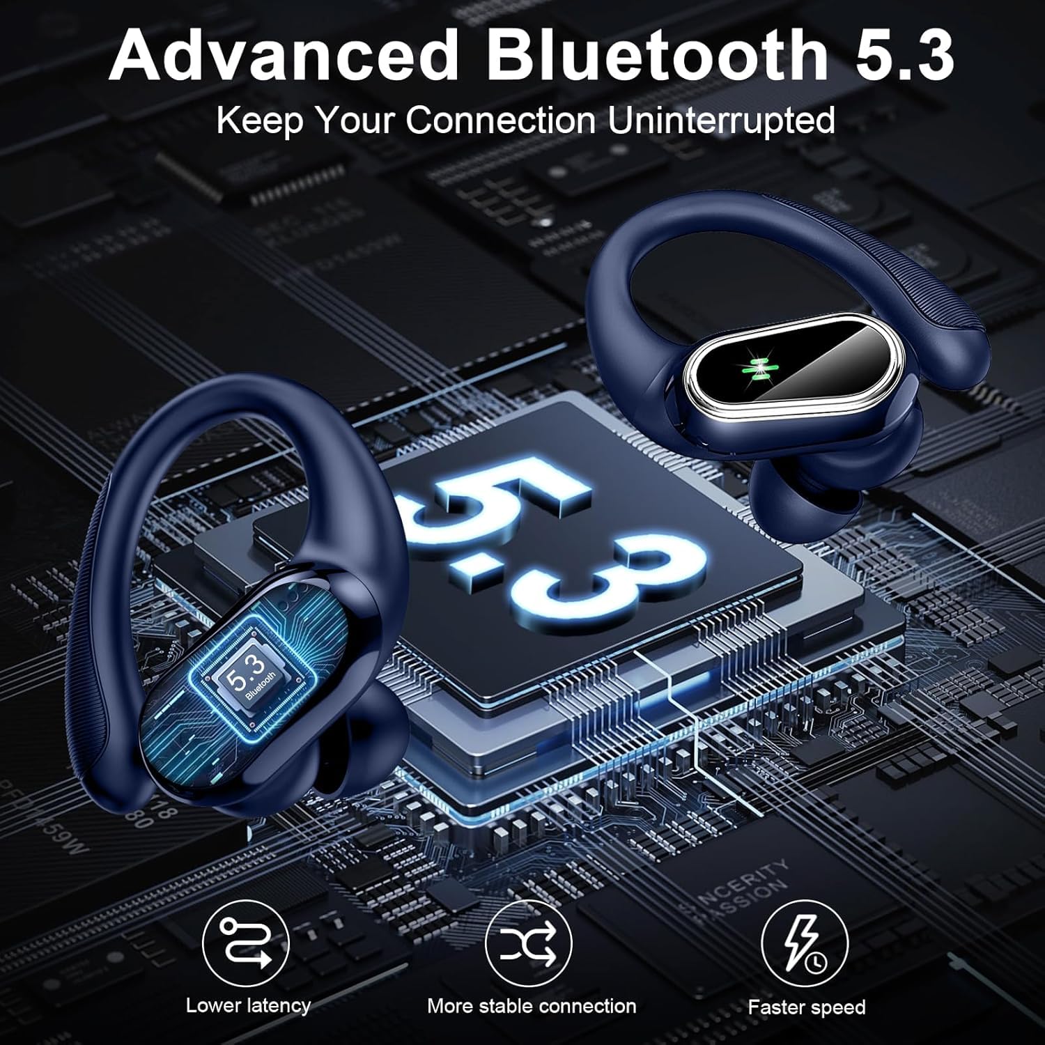 Cuffie Bluetooth Sport, Auricolari Bluetooth 5.3 Wireless con 4 ENC Cancellazione Rumore Mic, 50 Ore HiFi Stereo Cuffie Wireless, IP7 Impermeabile, Cuffiette Bluetooth con LED Display, USB-C, Blu