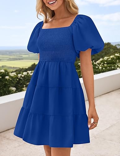 Miniatura 7 de ZESICA Mini vestido corto de verano bohemio 2025 con cuello cuadrado, manga abombada, hombros descubiertos, fruncido, escalonado, casual